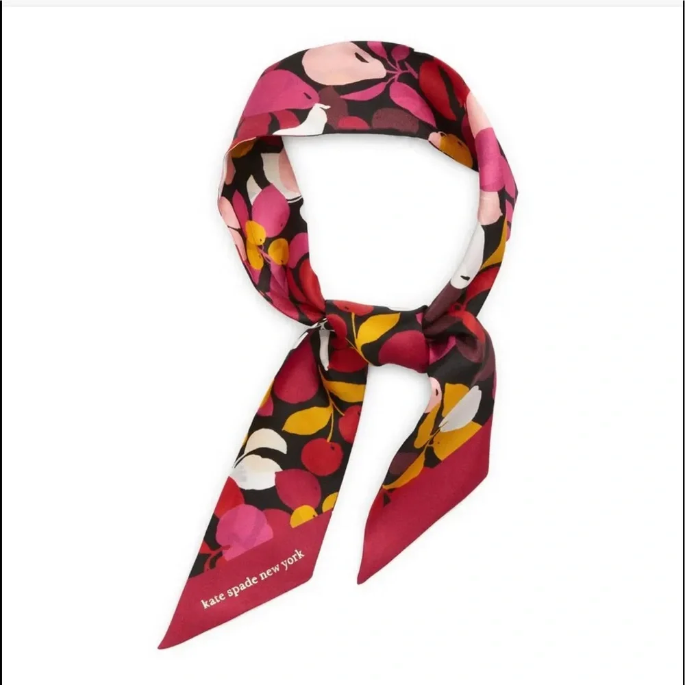 kate spade ♠️ Floral Print Silk Scarf with Red, Pink, Yellow and White Accents
